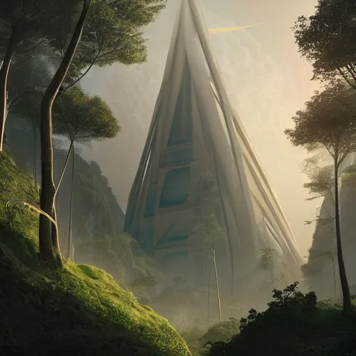 Image similar to futuristic temple tower between green hills with big trees, multiple planets, dramatic lighting, artstation, matte painting, raphael lacoste, simon stalenhag, frank lloyd wright