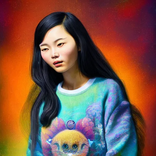 Image similar to young asian woman with flowing hair dressed in a comfortable sweater, rendered in octane, photorealism, by Ansel Adams David Suh Lisa Frank Peter Mohrbacher Artgerm