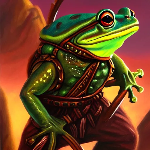 Image similar to oil painting of a frog warrior, in the style of 9 0 s dungeons & dragons and magic the gathering, character art card, highly readable