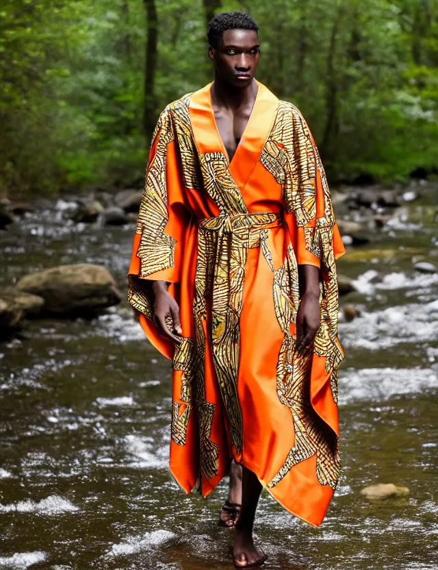Prompt: longshot modern ancient roman toga cloak nature african american walking along small creek river in the woods marc jacobs gucci cerulean orange intricate textile robes gold