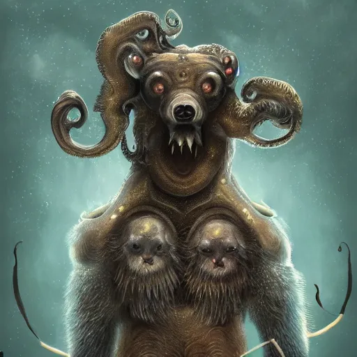 Prompt: high plausibility animal, ursine bear body, octopus limbs, 🐙 head and face, octobear, fierce chimera beast, cinematic painterly digital art, 4 k, 8 k