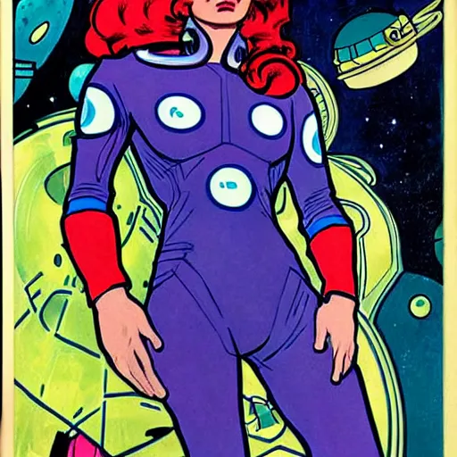 Image similar to an alien woman with blue skin and red hair, floating in space. she is an astronaut, wearing a space suit. well composed, clean elegant painting, beautiful detailed face. comic book art by steve ditko and jack kirby and ( alphonse mucha )