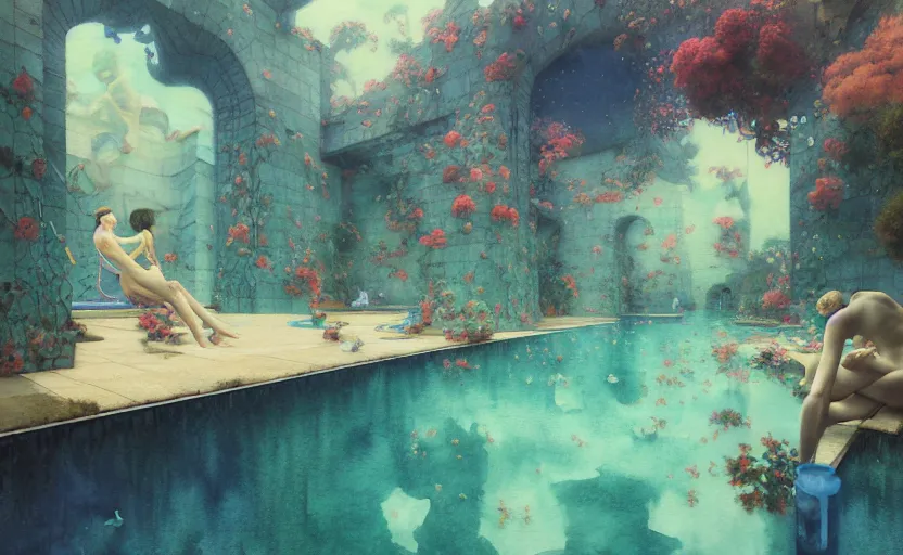 Image similar to swimming pool, fantasy. intricate, amazing composition, colorful watercolor, by ruan jia, by maxfield parrish, by marc simonetti, by hikari shimoda, by robert hubert, by zhang kechun, illustration, gloomy