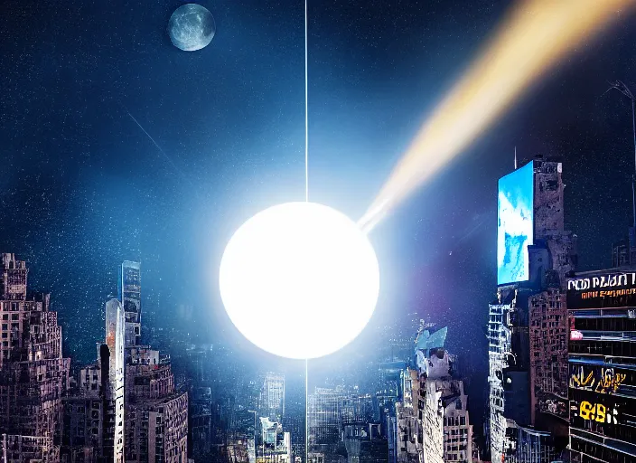 Image similar to film still of the moon shattering into pieces over time square in the new disaster movie, 8 k, night time