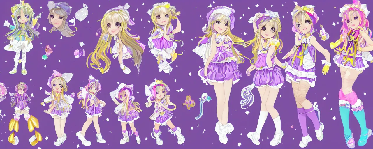Image similar to A character sheet of full body cute magical girls with short blond hair wearing an oversized purple Beret, Purple overall shorts, Short Puffy pants made of silk, pointy jester shoes, a big billowy scarf, Golden Ribbon, and white leggings Covered in stars with Decora rainbow accessories all over. Short Hair. Flowing fabric. Ruffles and lace. Art by william-adolphe bouguereau and Paul Delaroche and Alexandre Cabanel and Lawrence Alma-Tadema and WLOP and Artgerm. baroque painting. Intricate, elegant, Highly Detailed. Smooth, Illustration Photo real. realistic. Hyper Realistic. Sunlit. Moonlight. Surrounded by clouds. 4K. UHD. Denoise.