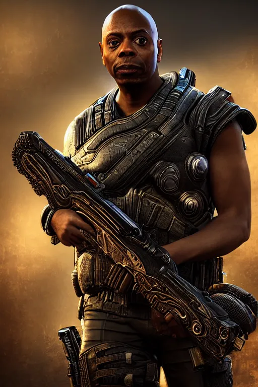 Image similar to Dave Chappelle as a Gears of War character, photorealism, half body, HDR ambient background, unreal engine 5, hyperrealistic, highly detailed, XF IQ4, 150MP, 50mm, F1.4, ISO 200, 1/160s, cinematic lights, Adobe Lightroom, photolab, Affinity Photo, PhotoDirector 365, realistic