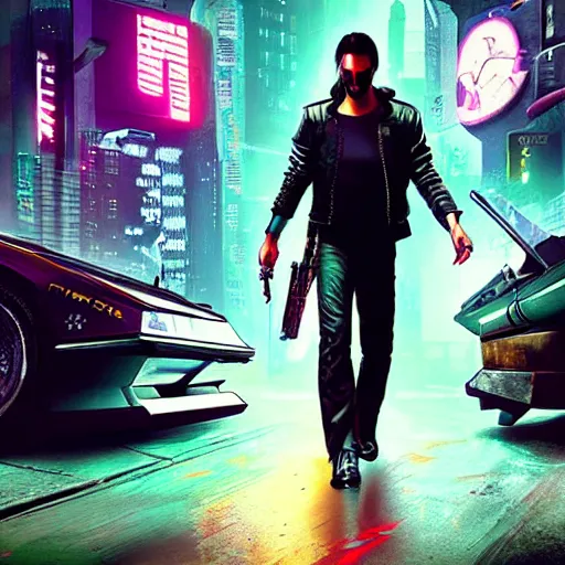 Image similar to art of Keanu Reaves as neo from matrix film in the cyberpunk 2077 game