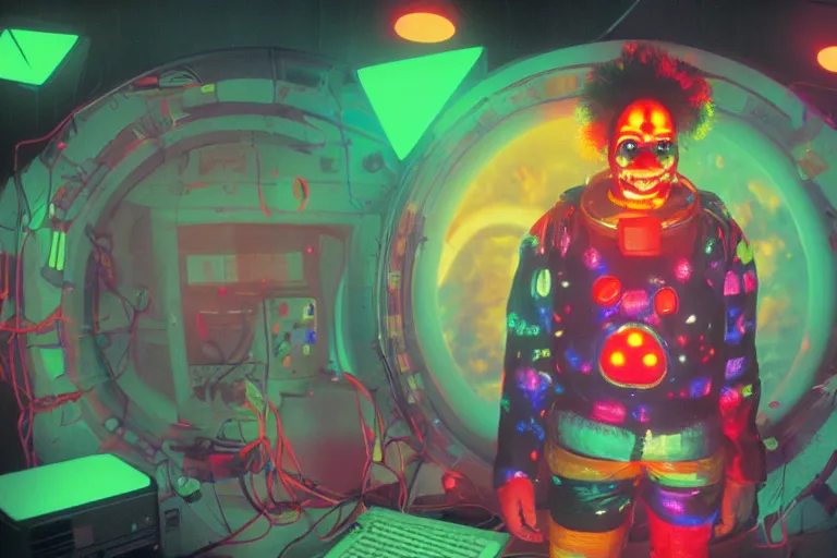 Image similar to friendly cyborg - clown emerging from a space portal in cyberspace, fractal, in 1 9 8 5, y 2 k cutecore clowncore, bathed in the glow of a crt television, crt screens in background, low - light photograph, in style of tyler mitchell