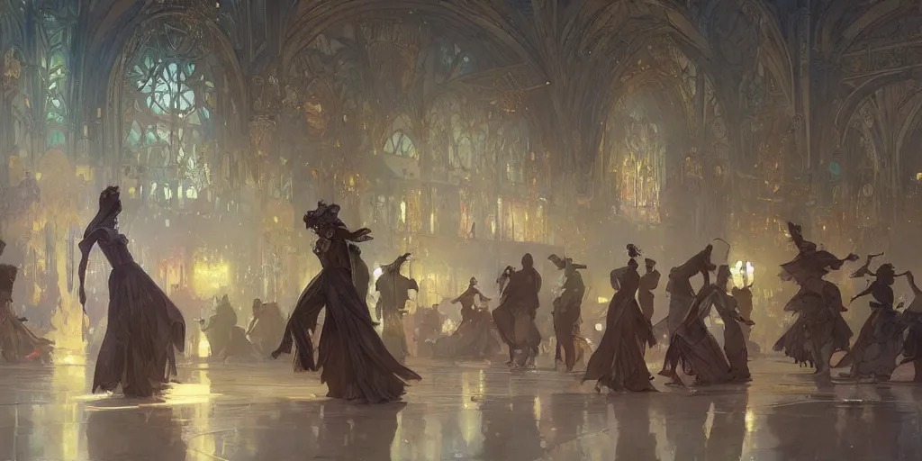 Image similar to beautiful render of a ballroom, concept art, some dancers, at night, medieval!!, bright, artstation, detailled, manga!, fantasy! by greg rutkowski, by alphonse mucha