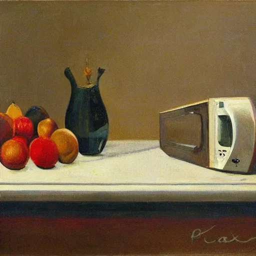 Prompt: A still life of a microwave, Gaspar Peeter, Max Carlier, (oil) painting, table, fruit bowl, ((window))