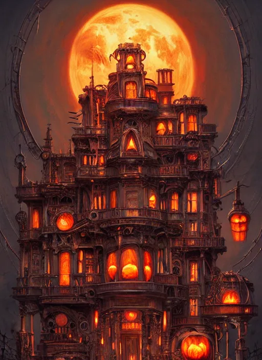 Image similar to hyper detailed ultra sharp of a halloweenpunk pumpkincore steampunk sci - fi haunted megastructure house trending on artstation, warpaint aesthetic, earthwave, colorful, psychedelic, ornate, intricate, digital painting, concept art, smooth, sharp focus, illustration, art by artgerm and greg rutkowski and h. r. giger, 8 k