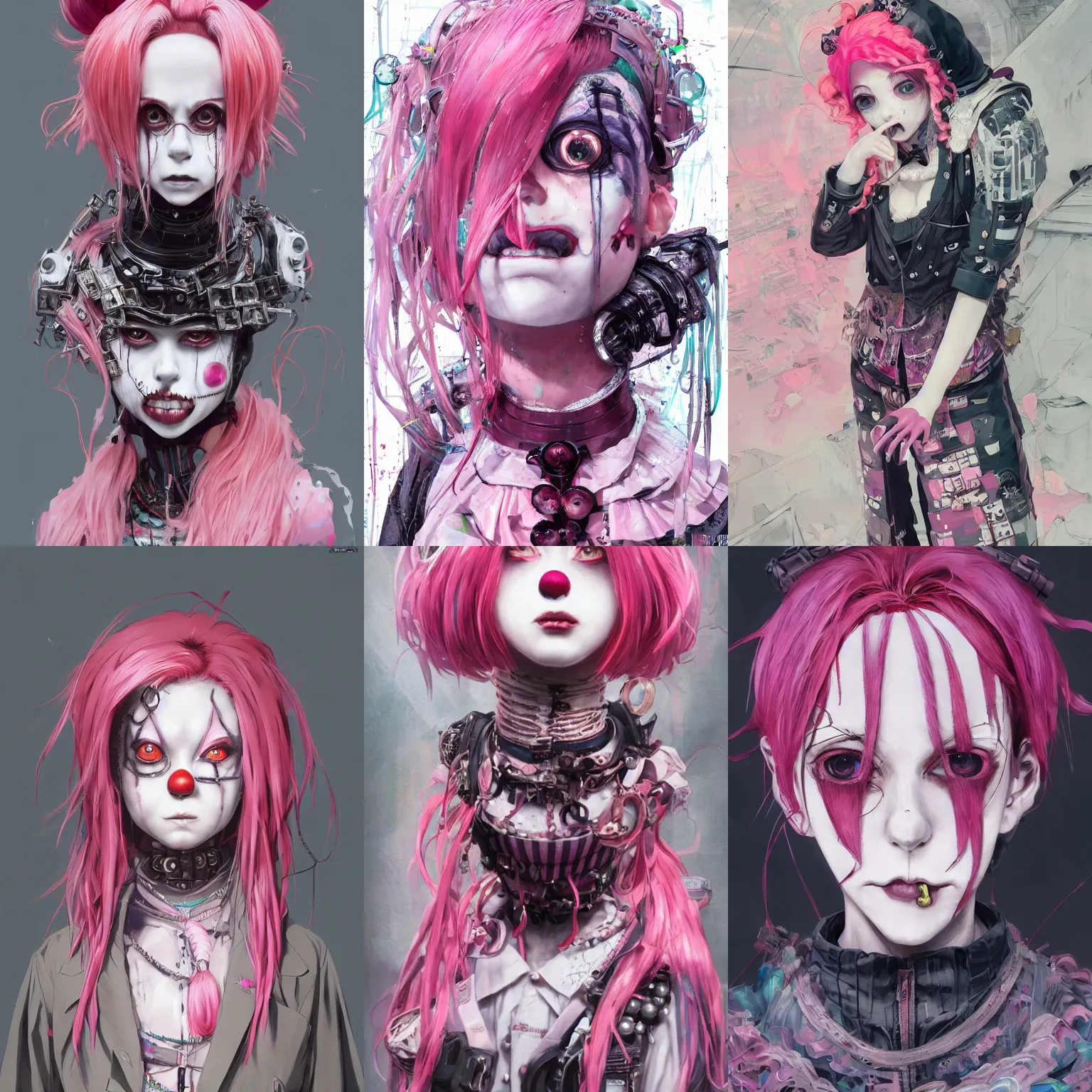 Image similar to by kyoto animation, very creepy clown girl pink hair, wearing cyberpunk intricate streetwear, beautiful, detailed portrait, intricate complexity, ilya kuvshinov, cell shaded, 4 k, concept art, by wlop, ilya kuvshinov, artgerm, krenz cushart, greg rutkowski, sharp focus, volumetric lighting, cinematic lighting, studio quality