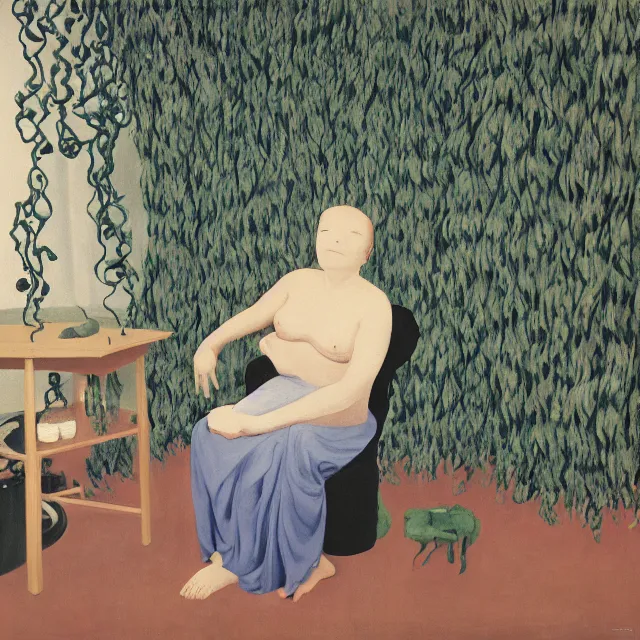 Image similar to a female pathology student in her apartment, wrapped in vines, medical equipment, stepping stones, octopus, pig, black walls, ikebana, black armchair, sculpture, acrylic on canvas, surrealist, by magritte and monet