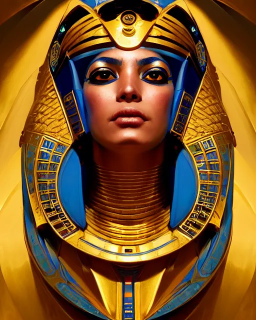 Prompt: portrait of a beautiful cyberpunk egyptian woman wearing a golden blue armor, beautiful symmetrical face, golden, fantasy, regal, by stanley artgerm lau, greg rutkowski, thomas kindkade, alphonse mucha, loish, norman rockwell.