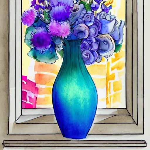 Image similar to a fancy vase with a colorful and beautiful flower arrangement by the fancy window. very stylize and delicate watercolor and pencil drawing. 3 d. beautiful lighting, 4 k post - processing, trending in art station, cg society, highly detailed, 5 k extremely detailed