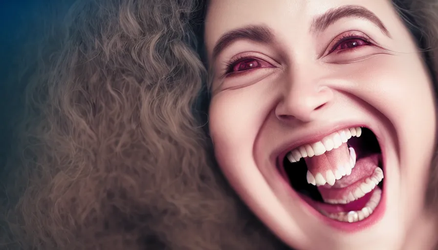 Image similar to portrait of a beatuiful jolly laughing woman with nice features, fantasy, kind vibe, looking into the camera, studio photography, studio lighting, realistic render, octane render, 4 k, 8 k, face in focus