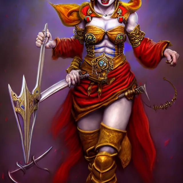 Image similar to beautiful jester warrior, highly detailed, 8 k, hdr, award - winning, trending on artstation, anne stokes