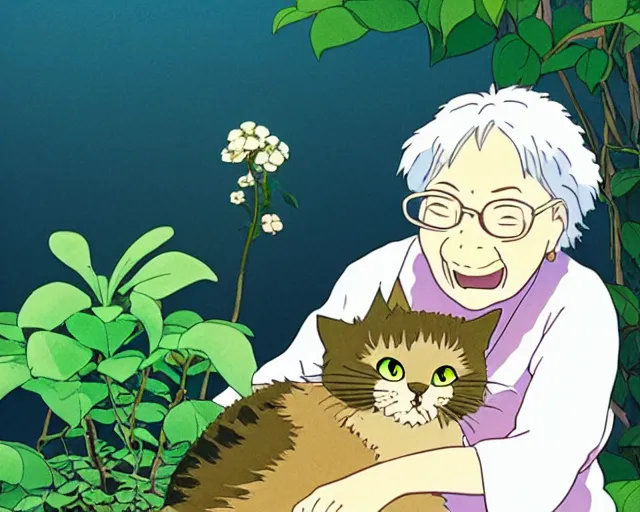 Image similar to fine details portrait of a joyful old lady and her plant cat, by Studio Ghibli. 8k, sharp high quality