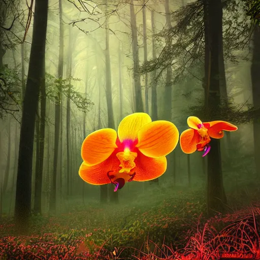 Image similar to a fiery orchid in a misty forest, light colors, digital art,