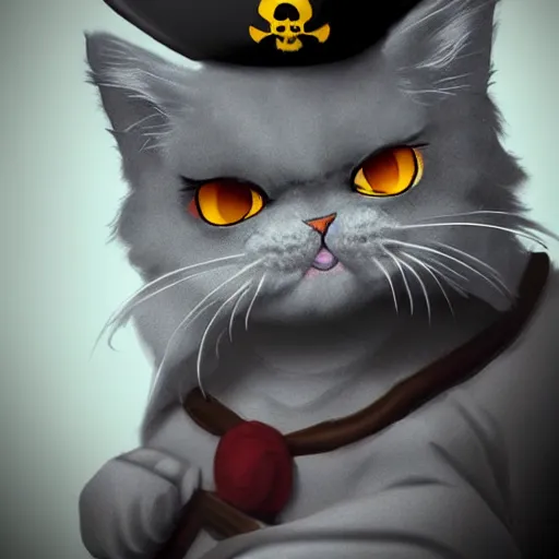 Prompt: anthropomorphic grey persian cat with evil eyes wearing a pirate hat, fantasy, trending on artstation