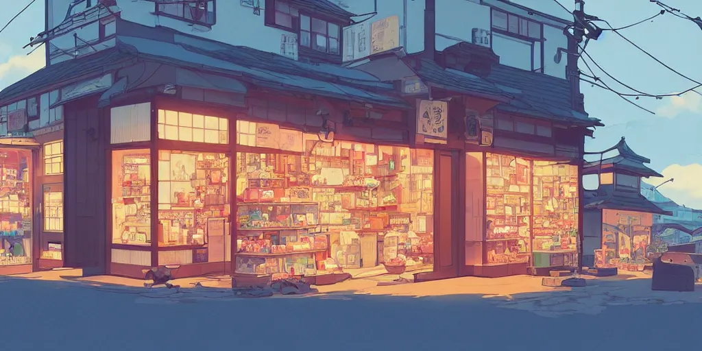 Image similar to beautiful illustration of a small shop window in kyoto on a beautiful sunset, anime manga style, aesthetic, cory loftis, james gilleard, atey ghailan, makoto shinkai, goro fujita, studio ghibli, makoto shinkai, view isometric drone