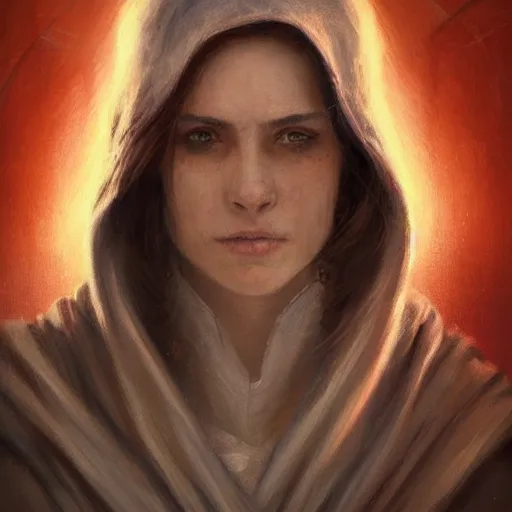 Image similar to portrait of an woman by Greg Rutkowski, she is about 20 years old, pretty, long brown wavy hair, scar near her mouth that makes her look like she's smiling all the time, wearing jedi robes, Star Wars Expanded Universe, highly detailed portrait, digital painting, artstation, concept art, smooth, sharp foccus ilustration, Artstation HQ