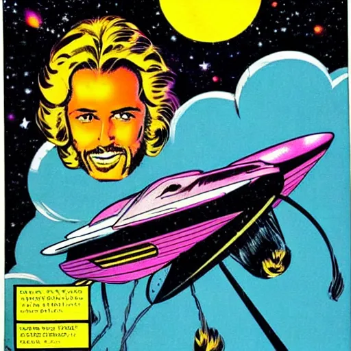 Prompt: 80s comic book sci-fi space ship in the shape of bee gees barry gibb's head, flying through outer space,