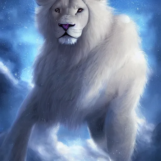 Image similar to aesthetic portrait commission of a albino male furry anthro lion floating inside a floating soap bubble in a blue cloudy sky with clouds orbiting the bubble like a planet, minimalistic art, hyperdetailed. Character design by charlie bowater, ross tran, artgerm, and makoto shinkai, detailed, inked, western comic book art, 2021 award winning painting