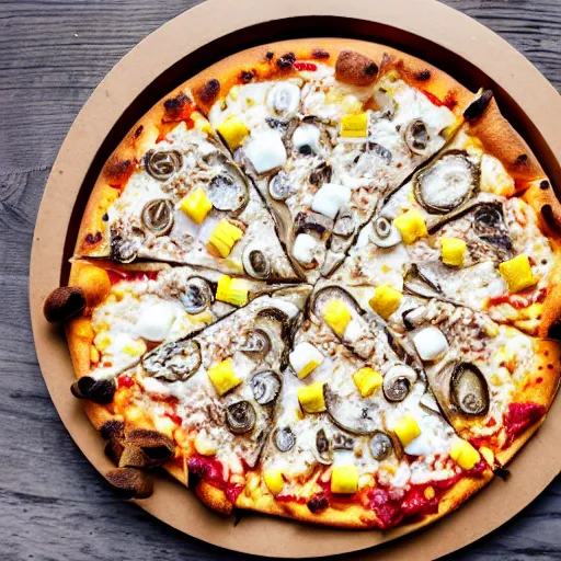 Image similar to A pizza with marshmallows, sardines, and corn as toppings