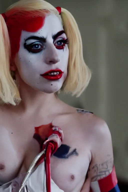 Prompt: film still of Lady Gaga as Harley Quinn in American Horror Story, 4k