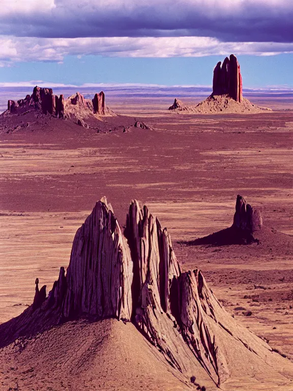 Image similar to photo of shiprock, hogback ridge, high aerial view, the foreground is brightly lit by sun, and the background clouds are dark and foreboding. kodak portra 4 0 0