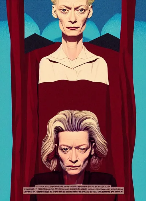 Prompt: Twin Peaks poster artwork by Michael Whelan, Bob Larkin and Tomer Hanuka, Karol Bak of portrait of radio host Tilda Swinton!!!!!!!!!! lounging in her radio sound booth, alone, late at night, from scene from Twin Peaks, simple illustration, domestic, nostalgic, from scene from Twin Peaks, clean, cover of New Yorker magazine