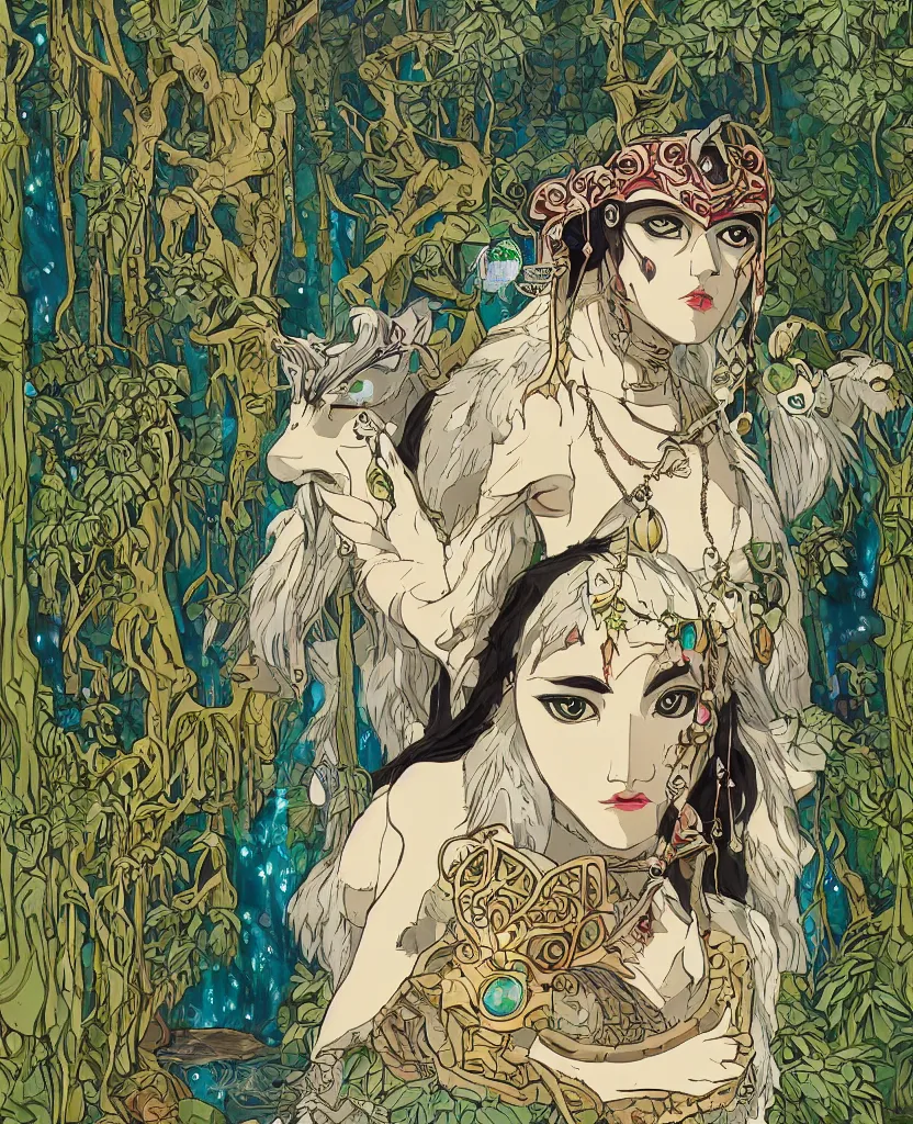 Image similar to portrait of Princess Mononoke wearing her mask, lush forest landscape, style of Art Nouveau, gems and gold, waterfalls, denoised, sharp,