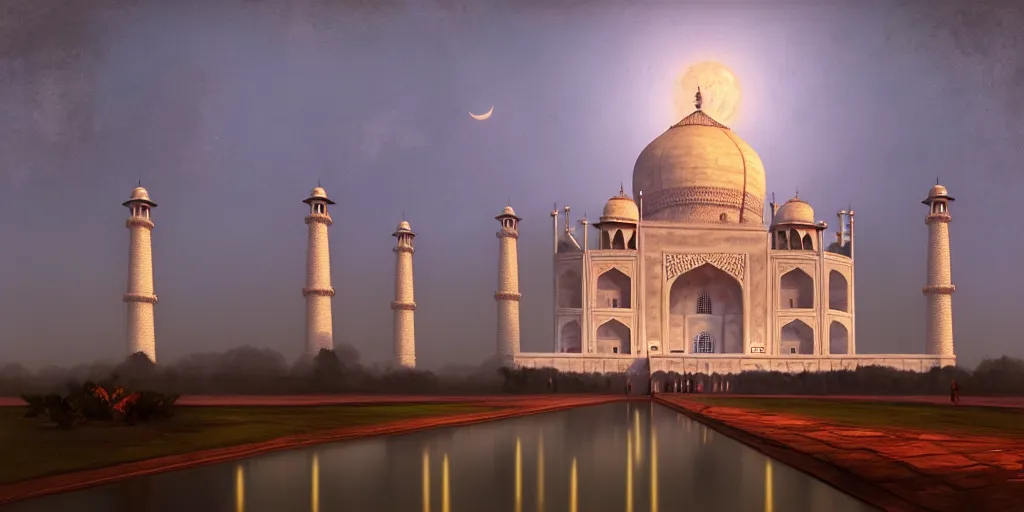 Prompt: The Taj Mahal with the moonlight, extremely detailed digital painting, in the style of Fenghua Zhong and Ruan Jia and jeremy lipking and Peter Mohrbacher, mystical colors, rim light, beautiful Lighting, 8k, stunning scene, raytracing, octane, trending on artstation