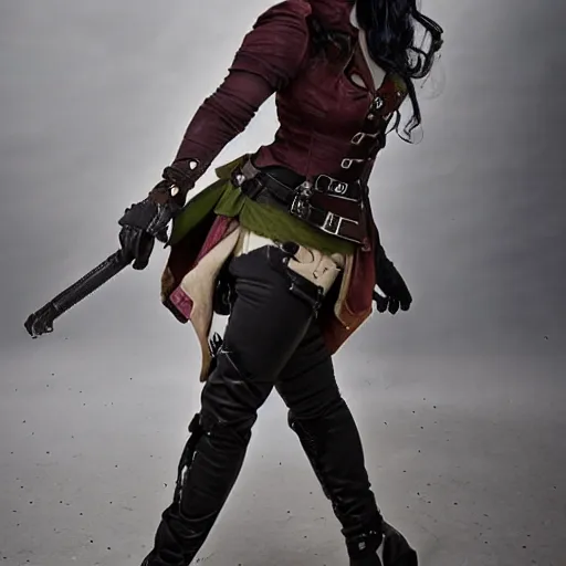 Image similar to full body photo of a steampunk rogue woman