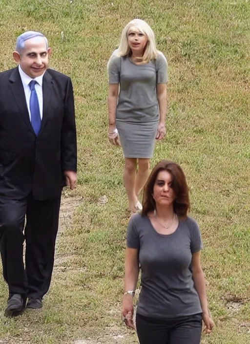 Image similar to midget benjamin netanyahu walking next to giant sarah netanyahu