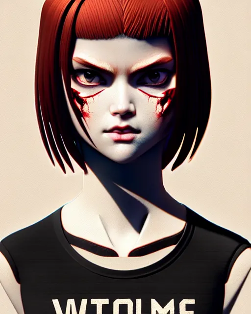 Image similar to full atomic scan face shot of a beautiful warlord girl, in tshirt with her buck knife ready, her morbid interests, irish, by saruei and guweiz and ilya kuvshinov and george miller, digital art, highly detailed, intricate, sharp focus, trending on artstation hq, deviantart, pinterest, unreal engine 5, 4 k uhd image