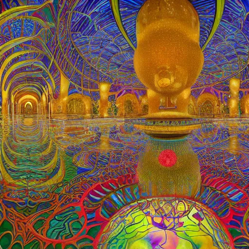 Prompt: world most beautiful mosque by jeff koons, m. c. escher, zdzisław beksinski, beeple, rutkowski, and alphonse mucha, chihuly