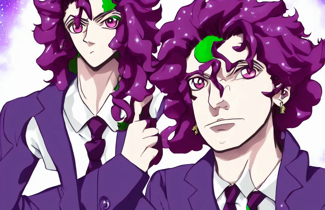 Prompt: kakyoin noriaki!!!, asymmetrical bangs, cherry earrings, full body, long hair, male focus, purple eyes, school uniform, solo, starry background, ( david production ), detailed anime drawing, trending on pixiv, danbooru