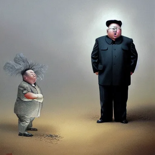 Image similar to Portrait of Kim Jong-un as Tweedledum and Tweedledee, dark fantasy, intricate, smooth, artstation, painted by Wayne Barlowe, Greg Rutkowski, Zdislav Beksinski
