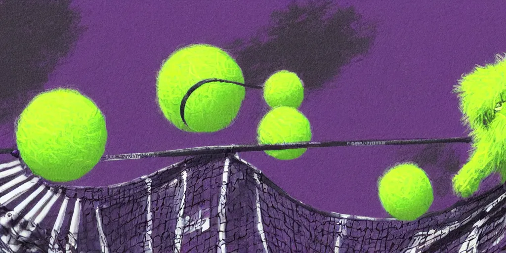 Image similar to tennis ball monster playing on a tennis court, tennis net, tennis stadium, purple, digital art, fantasy, magic, chalk, chalked, trending on artstation, ultra detailed, detailed, fine details, professional illustration by basil gogos