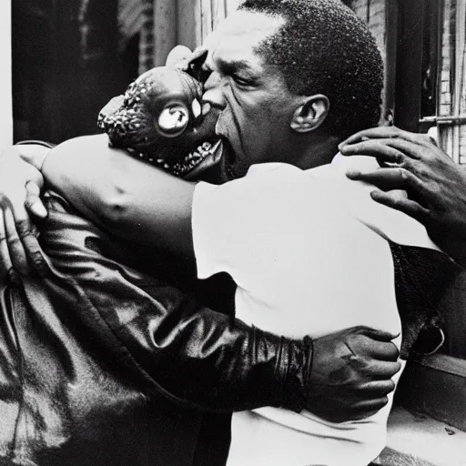 Image similar to john coltrane hugging and kissing an octopus