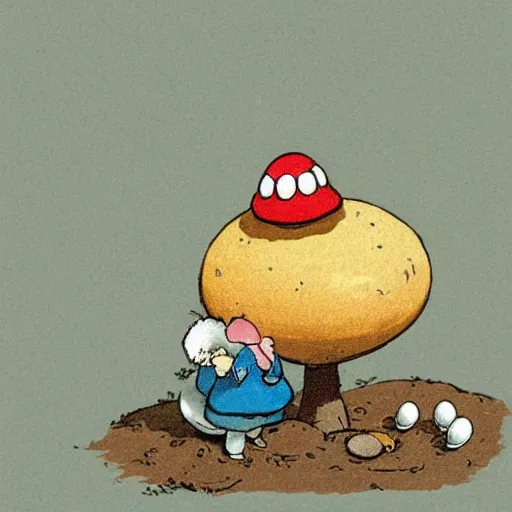 Prompt: toadstool with a ( fried eggs )!! cap. illustration by beatrix potter