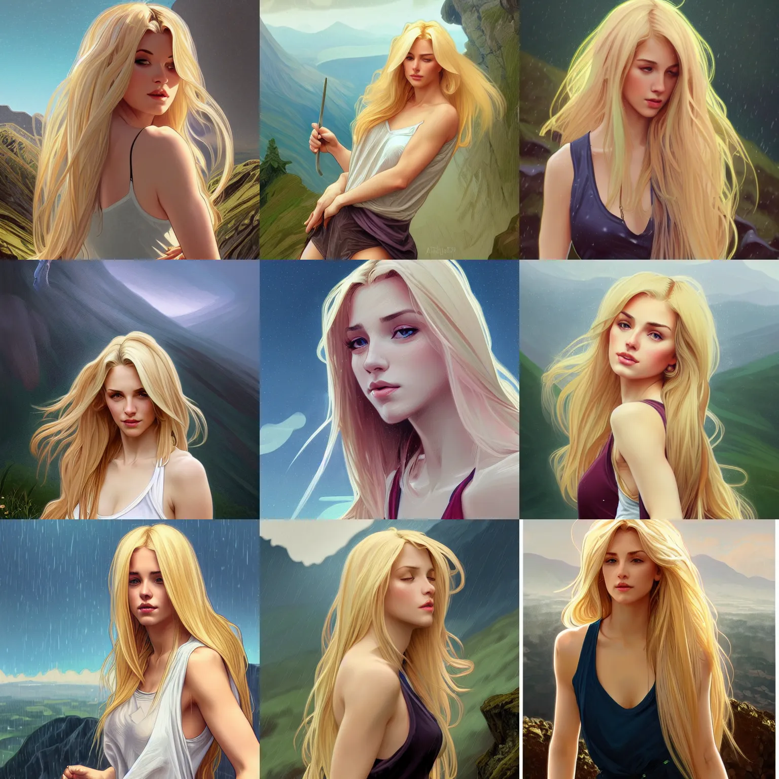 Prompt: a gorgeous woman with long light-blonde hair wearing a low cut tanktop, standing in the rain on top of a mountain, highly detailed, digital painting, artstation, concept art, sharp focus, illustration, art by artgerm and alphonse mucha