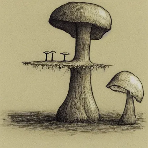 Prompt: mushroom sketch, by john kenn mortensen and alexander jansson