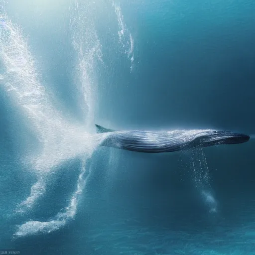 Prompt: portrait photo by national geographic, a stunning blue whale wearing a long billowing flowing white sheet, swimming through the ocean, backlit, 4 d, 4 k, volumetric lighting, photorealistic, light ray, hyperdetailed