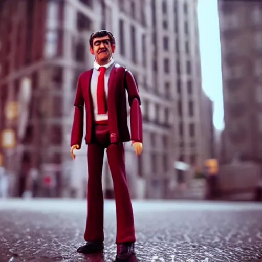 Prompt: picture of a plastic action man figure of Jean-Luc Melenchon with a suit and a red tie, cinestill 800t 8k