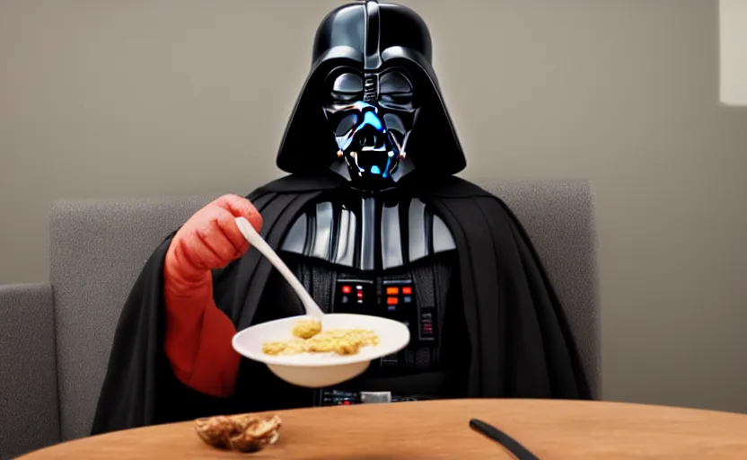 Image similar to Darth sitting at the table with a spoon in his hand looking at his cereal, 8k