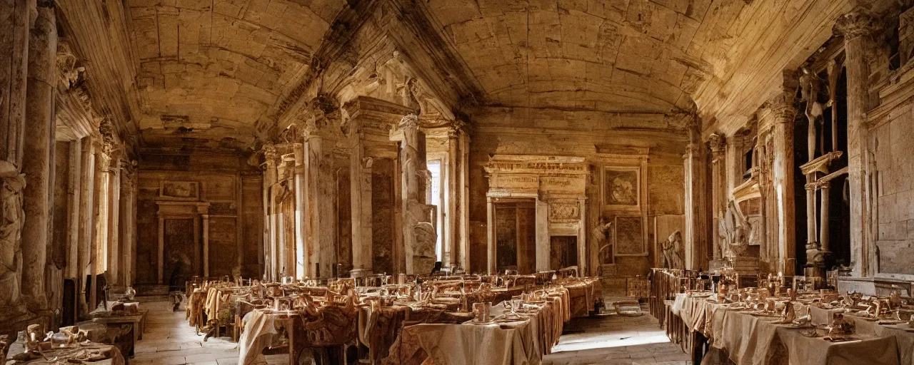 Prompt: great roman hall adorned with spaghetti, antiquity, canon 5 0 mm, kodachrome, in the style of wes anderson, retro