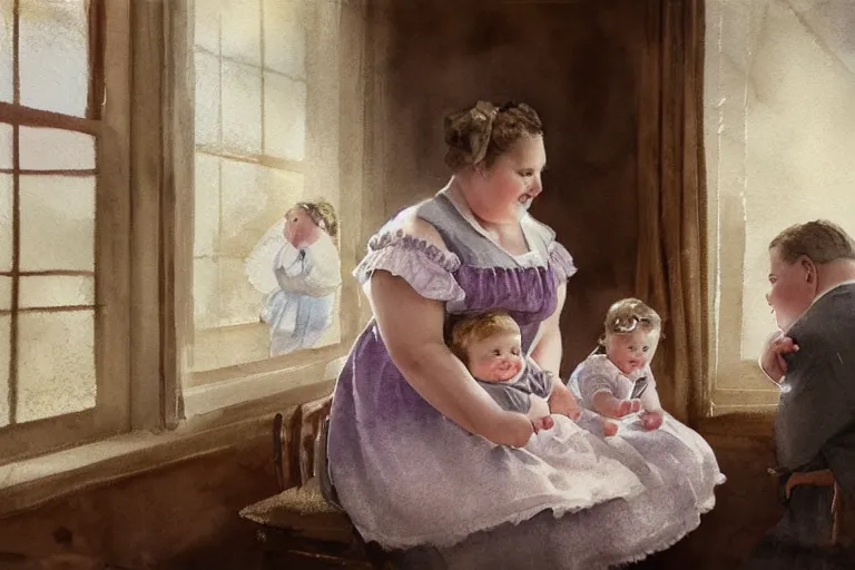 Image similar to charming and chubby parents and their very fat baby girl, wearing a polka dot cloths and a victorian - style hairdo, sits in the large and bright studio. sunlight enters through the barred window. delicate watercolor and pencil on canvas. beautiful lighting, 4 k post - processing, highly detailed, 5 k extremely detailed, 3 d. cinematic scene.